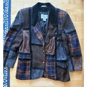 Vtg Brandon Thomas Leather Wool Jacket Blazer Patch Blu Brown Black Patchwork 14